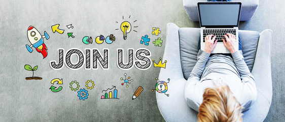 Wall Mural - join us text with man using a laptop