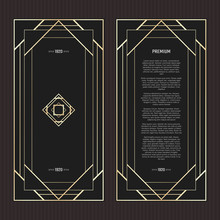 Vector Geometric Cards In Art Deco Style. Light Golden Flyers. Premium Vector Frame In Luxury Style. Restaurant Menu. Black And Gold Tickets.