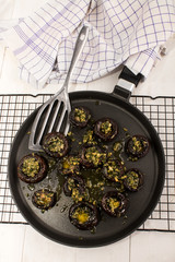 Wall Mural - fried garlic chestnut mushroom on a pan