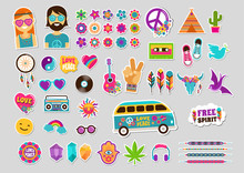 Hippie, Bohemian Design With Icons Set, Stickers, Pins, Art Fashion Chic Patches And Badges