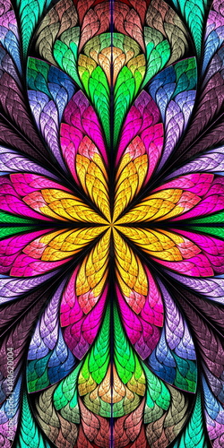 Obraz w ramie Multicolored flower pattern in stained-glass window style. You can use it for invitations, notebook covers, phone cases, postcards, cards, wallpapers and so on. Artwork for creative design.