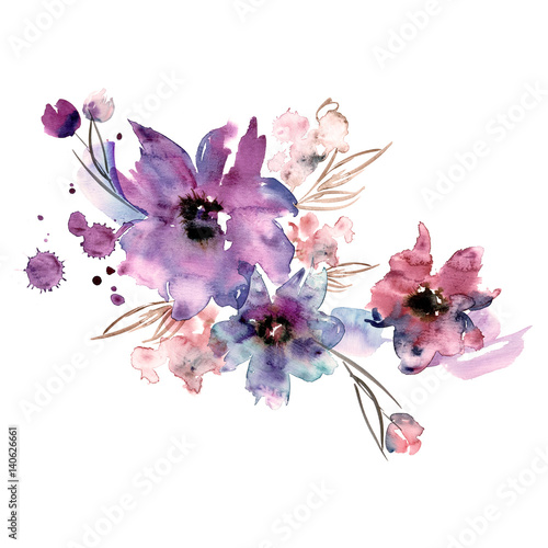 Obraz w ramie Cute watercolor hand painted flowers. Invitation. Wedding card. Birthday card.