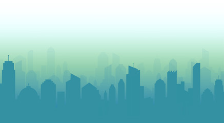 Cityscape and skyline vector illustration with blue urban buildings and silhouette.
