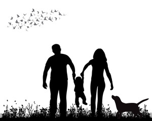 Wall Mural - isolated, silhouette family walking on grass, playing