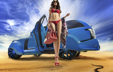 Girl In A Swimsuit, Against A Blue Car Background
