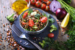 Lentil salad with veggies, healthy food, vegetarian and vegan snack, clean eating, diet