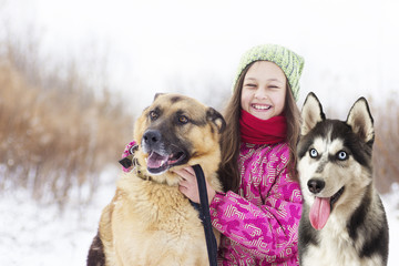 Sticker - girl child and dog Shepherd And husky