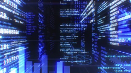Program Code in Cyberspace Moving Through. Looped 3d Animation. Blue Color. Business and Technology Concept. HD 1080.