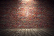Empty old grungy room with red brick wall and wooden floor. 3d rendering