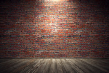 Empty Old Grungy Room With Red Brick Wall And Wooden Floor. 3d Rendering