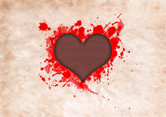 Hearth shape hole in grunge retro style paper with red splash of blood or red paint