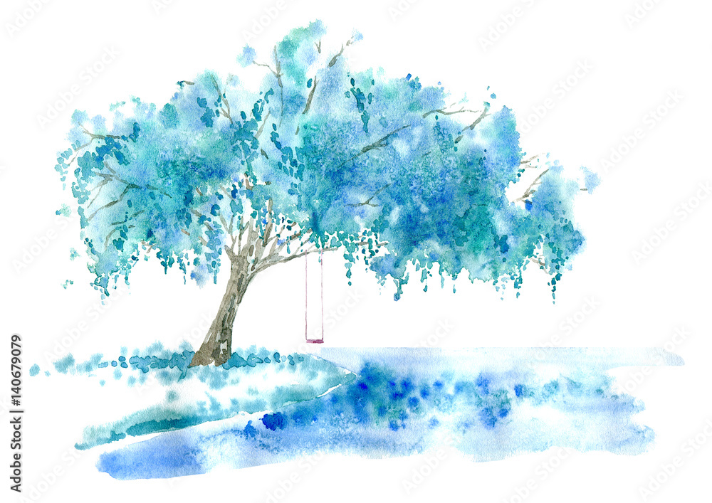 Weeping willow on the lake and swing. Blue tree. Watercolor hand drawn illustration.
