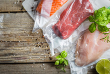 Beef, Chicken And Salmon In Vacuum Plastic Bag For Sous Vide Cooking