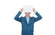 Smiling Young confident businessman holding a white paper over head.