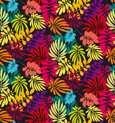 Wall Mural - Concept tropical leaves vector illustration in bright vivid colors. Exotic simple fun surface design. Floral seamless pattern vector illustration. Rainbow color plant repeatable motif.