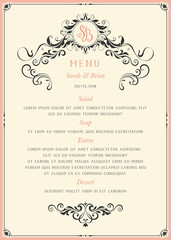 Wall Mural - ornate wedding menu design in vintage style. vector template.