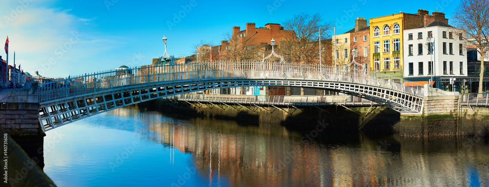 Obraz na płótnie Dublin, panoramic image of Half penny bridge w salonie