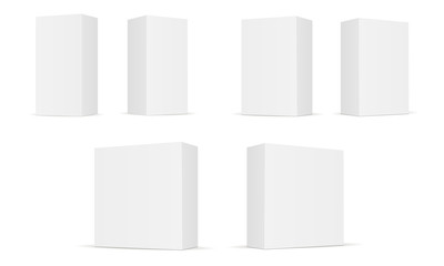 Set of white blank rectangular boxes isolated. Cardboard boxes on white background perspective view. Mockup can be used for design, branding cosmetic product or gift. Vector illustration