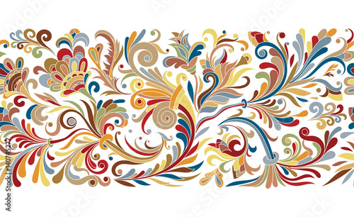 Fotomural Vintage floral baroque seamless border with blooming magnolias, rose and twigs,