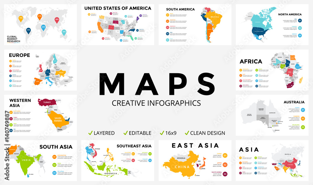 Vector map infographic. Slide presentation. Global business marketing concept. Color country. World transportation geography data. Economic statistic template. World, America, Africa, Europe, Asia - obrazy, fototapety, plakaty 
