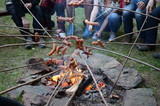 Fototapeta Boho - Sausages barbecue on the stick above the fire in the nature