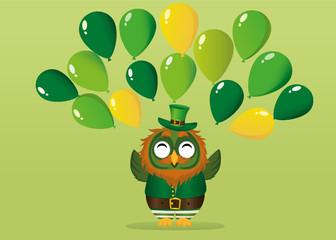 A happy owl with a beard in a suit and a hat on St. Patrick's Day smiles and throws a lot of green balloons. 