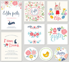 Happy Easter Templates With Eggs, Flowers, Floral Wreath And Branches, Rabbit, Chick And Typographic Design. Good For Spring And Easter Greeting Cards And Invitations.