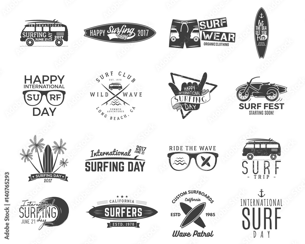 Vintage surfing graphics and emblems set for web design or print. Surfer, beach style logo design. Surf Badge. Surfboard seal, elements, symbols. Summer boarding on waves. Vector hipster insignias - obrazy, fototapety, plakaty 