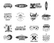 Vintage surfing graphics and emblems set for web design or print. Surfer, beach style logo design. Surf Badge. Surfboard seal, elements, symbols. Summer boarding on waves. Vector hipster insignias