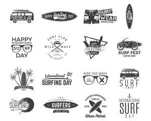 vintage surfing graphics and emblems set for web design or print. surfer, beach style logo design. s