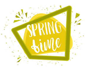 Wall Mural - Spring time design background. Lettering design. Greeting card. Background templates with text in a cartoon green frame. Vector