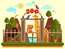 Colourful View Of The Zoo Entrance With Animals And Beautiful Landscape. Flat Vector Banner, Simple Design. Park Exterior Good For Poster, Booklet, Wallpaper Creation Or Children Illustration.