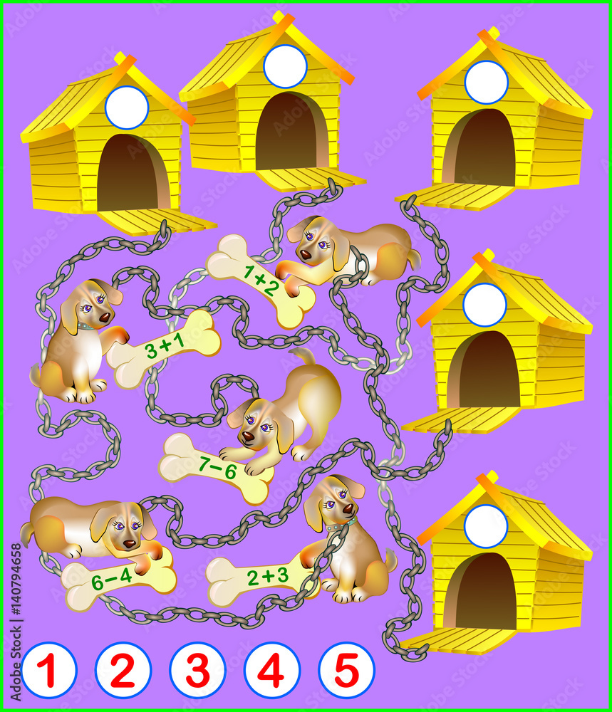 Logical math exercises for kids. Need to solve examples, find a house ...