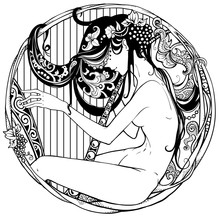 Detailed Art-deco Decorative Vignette As Modern Satyr Female Harp Player