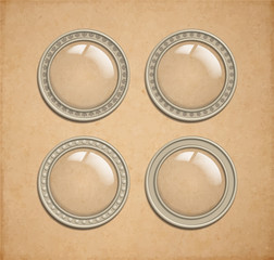 Set of vector glass transparent button in metal frame, round illuminator icon element for web, game interface and steampunk  decoration - with realistic transparent shadow