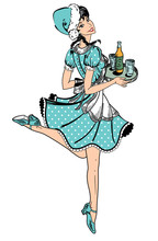 Vector Illustration Of Waitress In Blue Dotted Dress In Retro Style Running With Beer Order