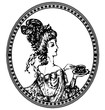medallion, vintage lady with tea
