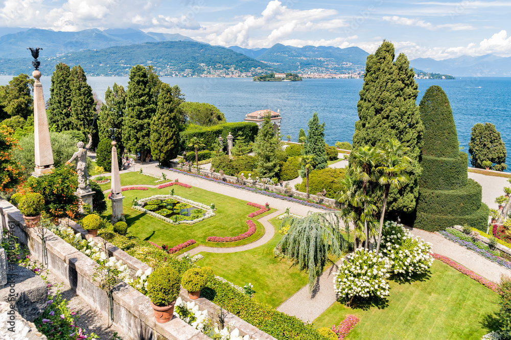 Baroque garden of island Bella - isola Bella, is  one of the Borromean Islands of Lake Maggiore in Piedmont of north Italy.  - obrazy, fototapety, plakaty 