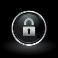 Wall Mural - security symbol with padlock icon inside round chrome silver and black button emblem on black backgr