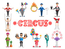 The Set Circus Performers-creating A Circus Show In The Arena, Narisovana In Flat Cartoon Style Isolated On White Background