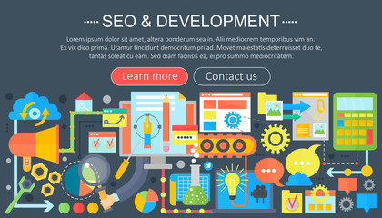 Poster - SEO and development concept design infographics template design, web header seo icons elements. Vector illustration.