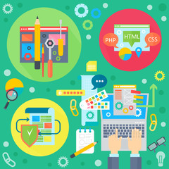 Aufkleber - Web design and mobile phone services apps flat concept. Icons for web design, web application development. Programming infographics template design. Vector illustration.