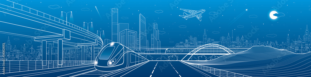 Automobile highway, infrastructure and transportation panorama, airplane fly, train move on the bridge, two locomotives in depot, night city, towers and skyscrapers, urban scene, vector design art - obrazy, fototapety, plakaty 