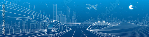 Fotomural Automobile highway, infrastructure and transportation panorama, airplane fly, tr