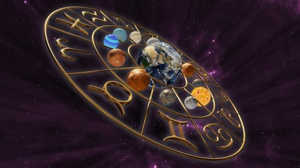 rotating mystic astrology zodiac horoscope symbol with twelve planets in cosmic scene. 3d rendering.