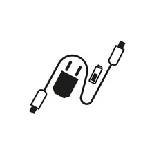 Charging Accessories Icon. Freehand Drawn Black White Flat Style. Adapter Charger, Usb Cable, Alkaline Battery. Vector Symbol Of Lightning Computor Peripherals Connector Or Smartphone Recharge Supply