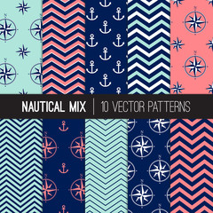 Wall Mural - Girly Nautical Patterns in Navy Blue, Coral Pink and Aqua Chevron, Anchors and Compasses Patterns. Soft Pastel Colors Nautical Backgrounds. Vector Pattern Tile Swatches Included