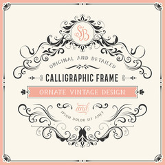 Wall Mural - square vintage ornate template with monogram and typographic design. vector illustration.