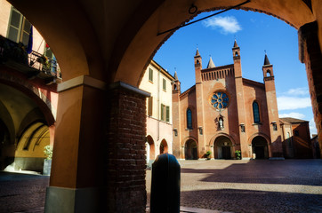 Piazza Risorgimento, main square of Alba (Piedmont, Italy) with the facade of Saint Lawrence Cathedral