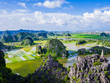 Panoramic view of karst formations and rice paddy fiels in Tam Coc, Ninh Binh province, Vietnam

